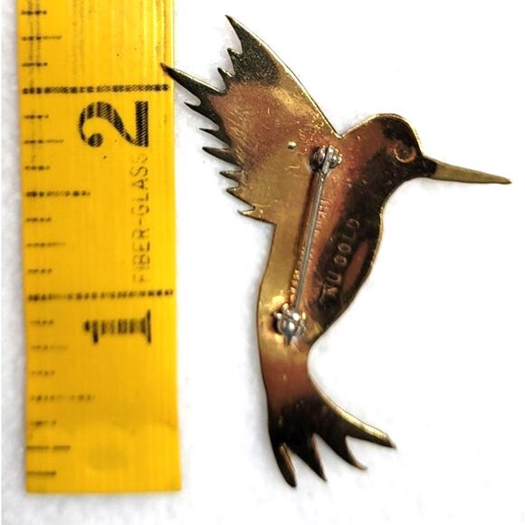 Vintage Hummingbird Brass Goldtone Metal Brooch Pin Artisan NuGold Hand Cut MCM - Picture 5 of 6